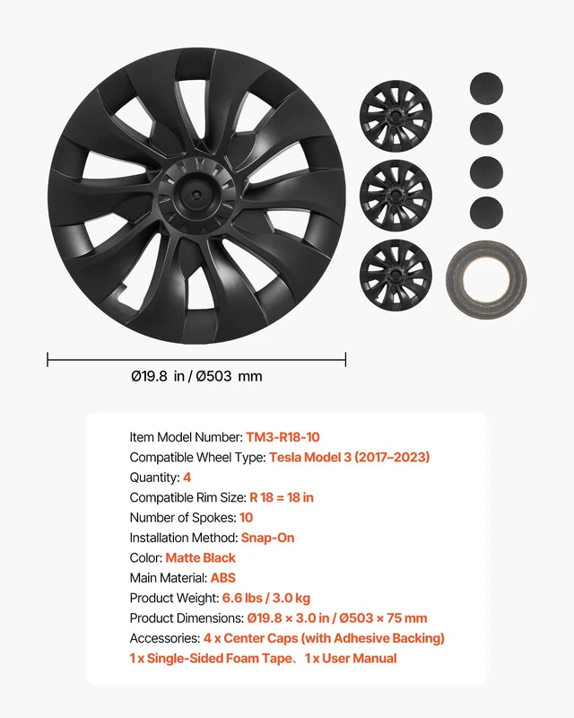 Alt view image 7 of 8 - VEVOR Hubcaps Wheel Covers for 2017-2023 Tesla Model 3, 18 Inch Set of 4 Wheel Rim Cover Hubcaps OEM Style Replacement, R18 Size Snap On Car Hub Caps, Premium 10-Spoke ABS Tire Rim Caps, Matte Black
