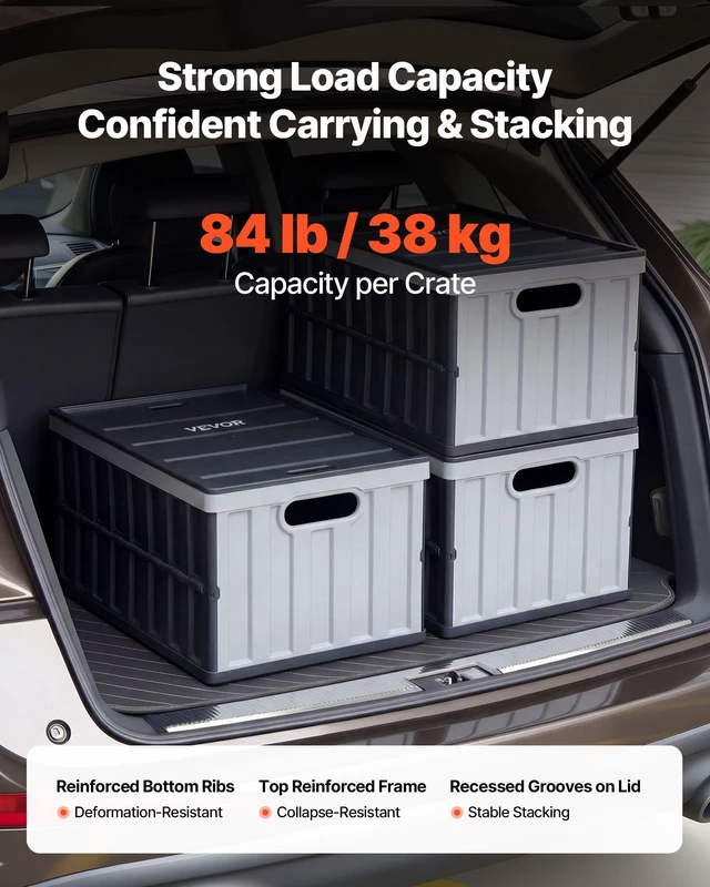 Alt view image 3 of 8 - VEVOR Plastic Collapsible Storage Bins with Lids, 65L 3 Packs, Stackable Folding Storage Crates with Handles, Holds 84 lbs Per Bin, Heavy Duty Containers, Space-Saving Baskets, for Home Organizing