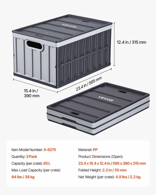 Alt view image 7 of 8 - VEVOR Plastic Collapsible Storage Bins with Lids, 65L 3 Packs, Stackable Folding Storage Crates with Handles, Holds 84 lbs Per Bin, Heavy Duty Containers, Space-Saving Baskets, for Home Organizing
