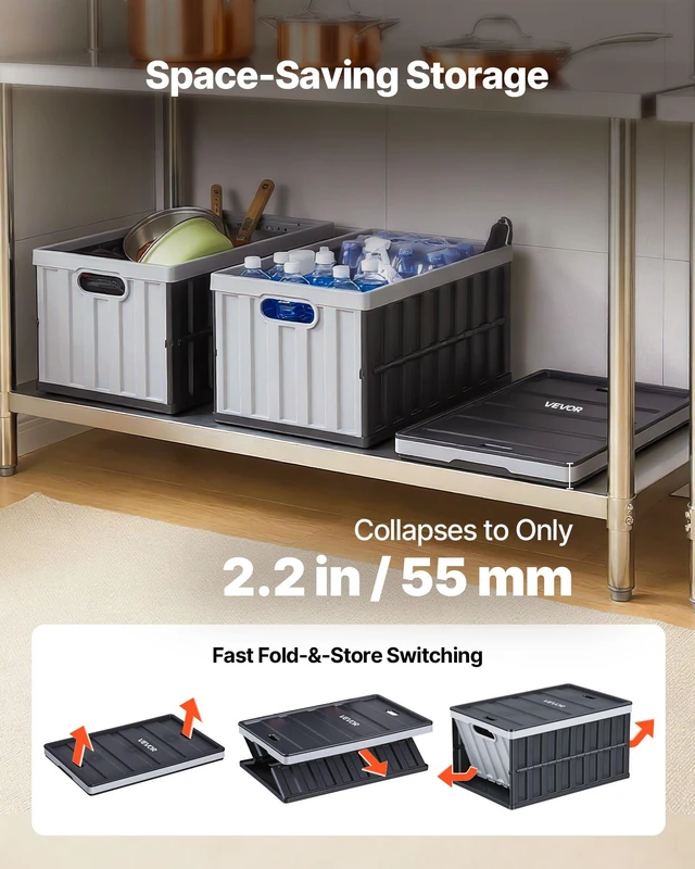 Alt view image 4 of 8 - VEVOR Plastic Collapsible Storage Bins with Lids, 65L 2 Packs, Stackable Folding Storage Crates with Handles, Holds 84 lbs Per Bin, Heavy Duty Containers, Space-Saving Baskets, for Home Organizing