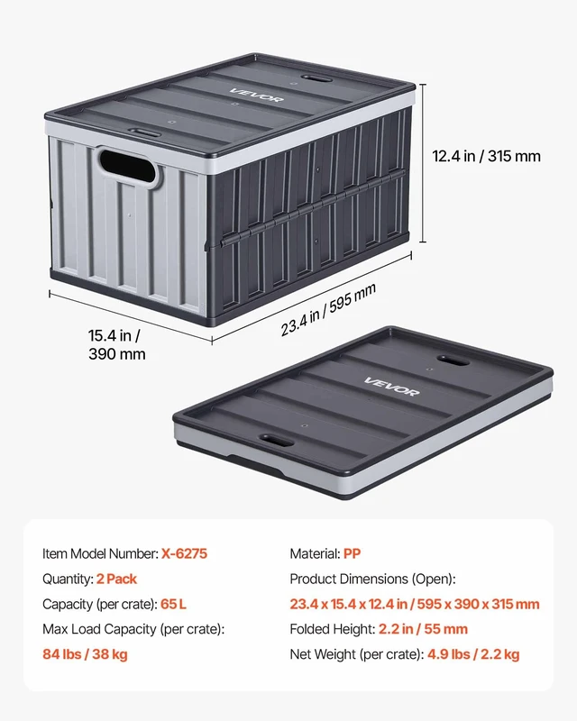 Alt view image 7 of 8 - VEVOR Plastic Collapsible Storage Bins with Lids, 65L 2 Packs, Stackable Folding Storage Crates with Handles, Holds 84 lbs Per Bin, Heavy Duty Containers, Space-Saving Baskets, for Home Organizing