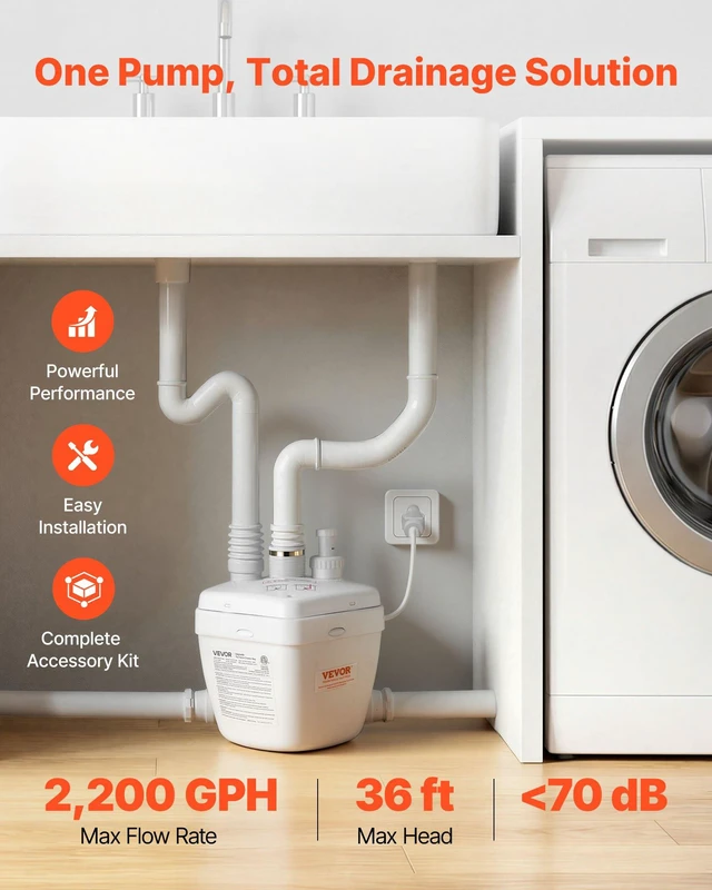 Alt view image 2 of 8 - VEVOR Utility Sink Pump, 1 HP, 2200 GPH Under Sink Pump with 3 Water Inlets 1 Outlet, 36 ft Max Lift, Cast Aluminum Motor, Macerating Toilet System, for Sink Shower Wash Bin Urinal Kitchen Basement