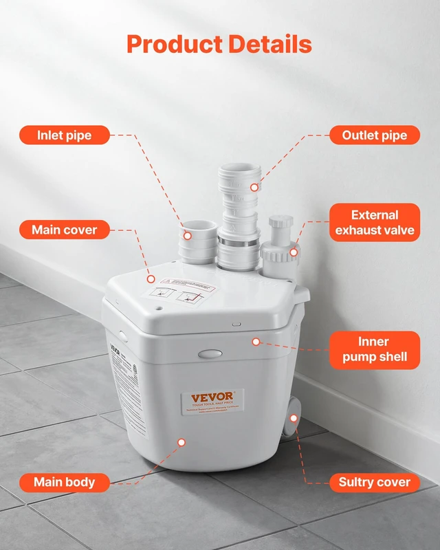 Alt view image 5 of 8 - VEVOR Utility Sink Pump, 1 HP, 2200 GPH Under Sink Pump with 3 Water Inlets 1 Outlet, 36 ft Max Lift, Cast Aluminum Motor, Macerating Toilet System, for Sink Shower Wash Bin Urinal Kitchen Basement