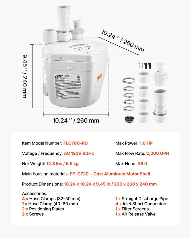 Alt view image 7 of 8 - VEVOR Utility Sink Pump, 1 HP, 2200 GPH Under Sink Pump with 3 Water Inlets 1 Outlet, 36 ft Max Lift, Cast Aluminum Motor, Macerating Toilet System, for Sink Shower Wash Bin Urinal Kitchen Basement