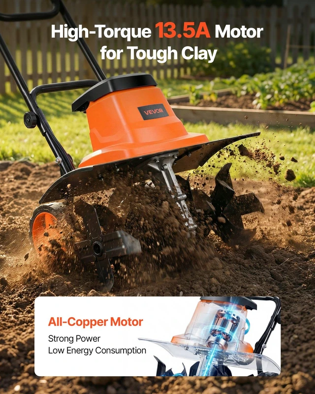 Alt view image 2 of 8 - VEVOR Corded Electric Tiller, 18 Inch Tilling Width Garden Rototiller, 13.5-Amp Motor Heavy-Duty Tilling Machine, Cultivator with Steel Tines and Foldable Handle, for Lawn, Yard, and Gardening Care