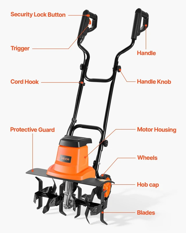 Alt view image 7 of 8 - VEVOR Corded Electric Tiller, 18 Inch Tilling Width Garden Rototiller, 13.5-Amp Motor Heavy-Duty Tilling Machine, Cultivator with Steel Tines and Foldable Handle, for Lawn, Yard, and Gardening Care