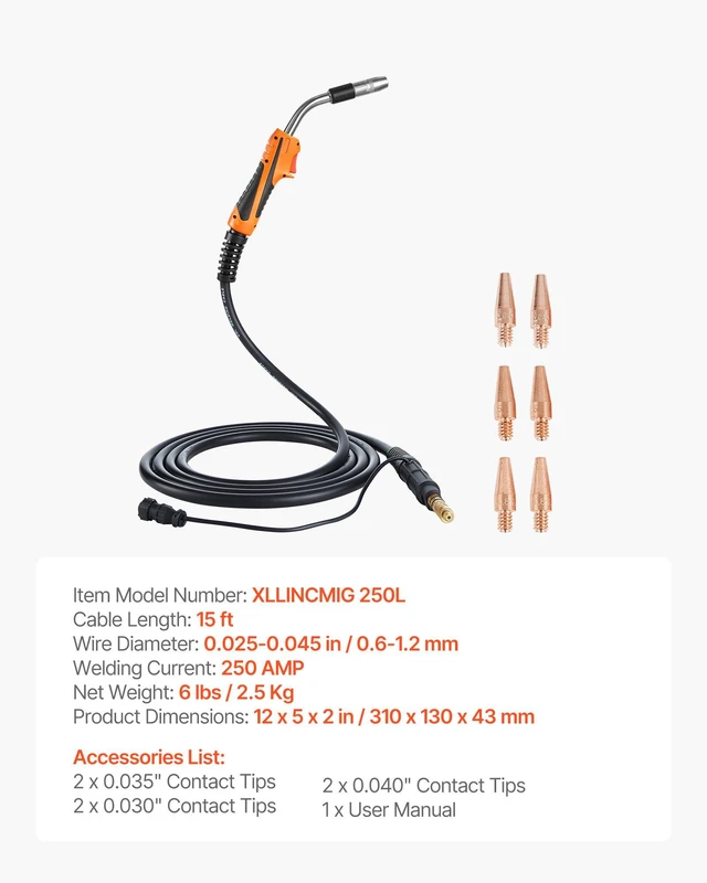 Alt view image 7 of 8 - VEVOR 250A MIG Welding Gun with 15FT Cable, Replacement for Lincoln Magnum Pro 250L - with 7PCS Mig Welding Contact Tips
