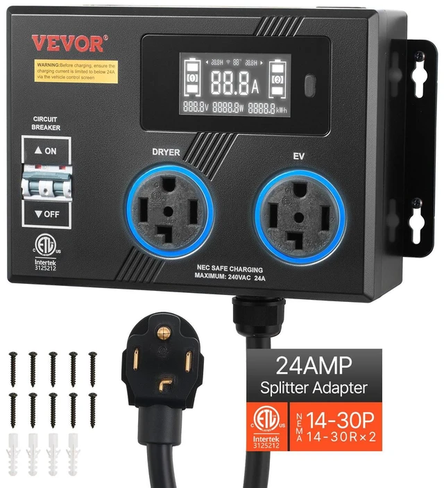 Main image of VEVOR Automatic EV Charging Switch, NEMA 14-30, Splitter Switch for Dryer & EV Charger, 24A Max 240V Smart Power Distribution with Circuit Breaker, Real-Time Display, for EVs, Ovens, Dishwashers, ETL