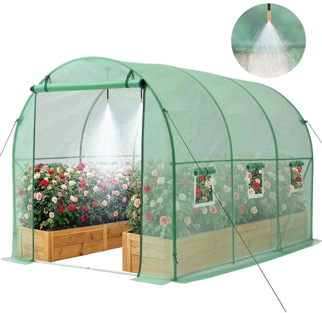 Main image of VEVOR Walk-in Tunnel Greenhouse, 10 x 7 x 7 ft Hoop House Greenhouse Tunnel, Plant Hot House with 4 Nozzles, 26.25 ft Hose, Steel Frame, PE Cover, Roll-up Zipper Door and 6 Windows for Outdoors, Green