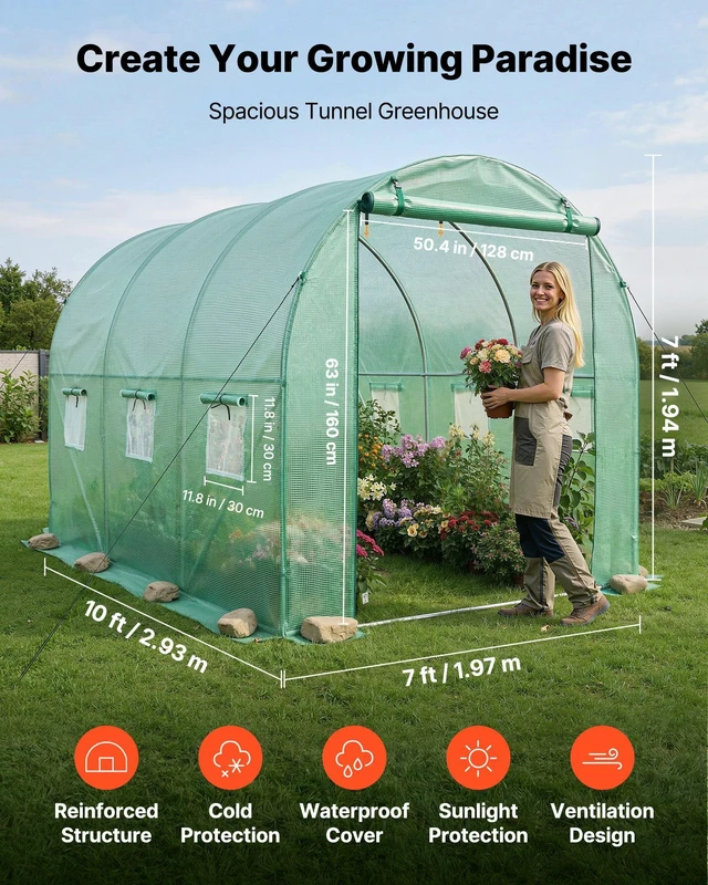 Alt view image 2 of 8 - VEVOR Walk-in Tunnel Greenhouse, 10 x 7 x 7 ft Hoop House Greenhouse Tunnel, Plant Hot House with 4 Nozzles, 26.25 ft Hose, Steel Frame, PE Cover, Roll-up Zipper Door and 6 Windows for Outdoors, Green