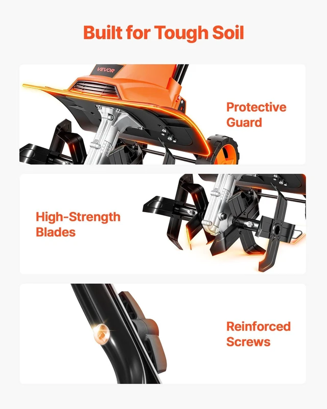 Alt view image 6 of 8 - VEVOR Corded Electric Tiller, 14 Inch Tilling Width Garden Rototiller, 10-Amp Motor Heavy-Duty Tilling Machine, Cultivator with Steel Tines and Foldable Handle, for Lawn, Yard, and Gardening Care