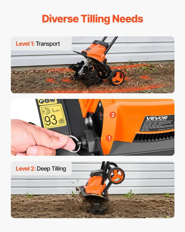 Alt view image 4 of 8 - VEVOR Corded Electric Tiller, 14 Inch Tilling Width Garden Rototiller, 10-Amp Motor Heavy-Duty Tilling Machine, Cultivator with Steel Tines and Foldable Handle, for Lawn, Yard, and Gardening Care