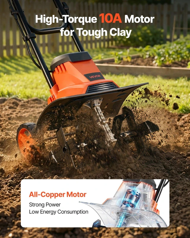 Alt view image 2 of 8 - VEVOR Corded Electric Tiller, 14 Inch Tilling Width Garden Rototiller, 10-Amp Motor Heavy-Duty Tilling Machine, Cultivator with Steel Tines and Foldable Handle, for Lawn, Yard, and Gardening Care
