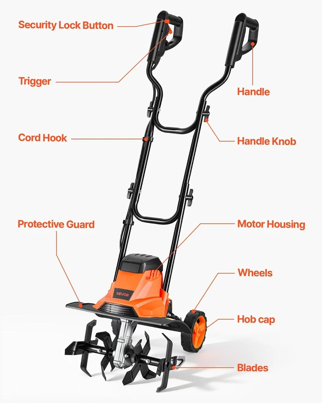 Alt view image 7 of 8 - VEVOR Corded Electric Tiller, 14 Inch Tilling Width Garden Rototiller, 10-Amp Motor Heavy-Duty Tilling Machine, Cultivator with Steel Tines and Foldable Handle, for Lawn, Yard, and Gardening Care