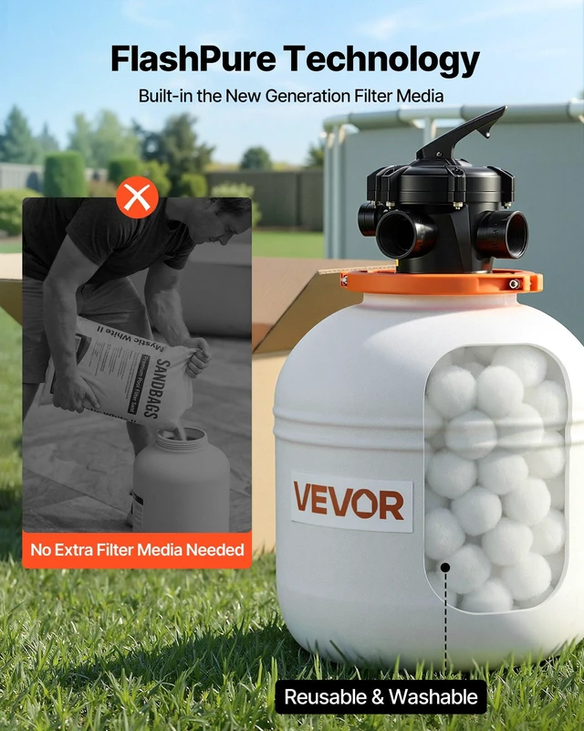 Alt view image 3 of 8 - VEVOR FlashPure Sand Filter Pump, 14 in for Above Ground Pool, 0.75 HP 3500 GPH, Swimming Pool Filter System with Timer, 6X Faster Filtration, Media Installed, Leak-Resistant, Ready to Use Out of Box