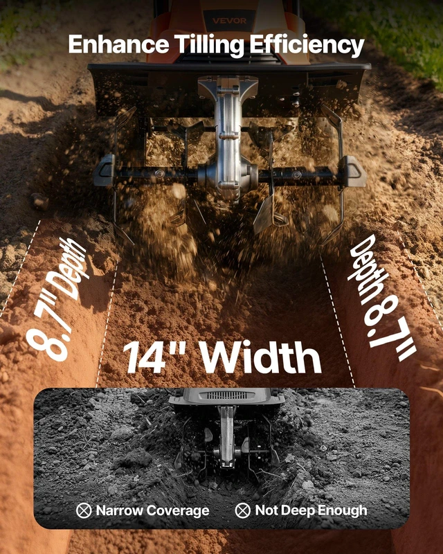Alt view image 3 of 8 - VEVOR Corded Electric Tiller, 14 Inch Tilling Width Garden Rototiller, 10-Amp Motor Heavy-Duty Tilling Machine, Cultivator with Steel Tines and Foldable Handle, for Lawn, Yard, and Gardening Care