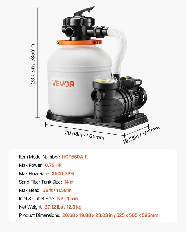 Alt view image 7 of 8 - VEVOR FlashPure Sand Filter Pump, 14 in for Above Ground Pool, 0.75 HP 3500 GPH, Swimming Pool Filter System with Timer, 6X Faster Filtration, Media Installed, Leak-Resistant, Ready to Use Out of Box