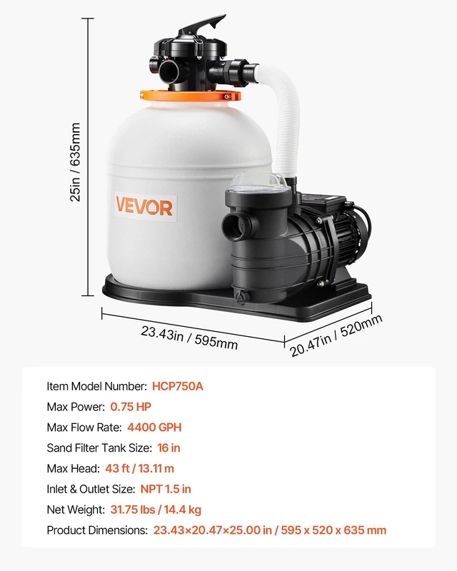 Alt view image 7 of 8 - VEVOR 16 in Sand Filter Pump for Above Ground Pool, 0.75 HP 4400 GPH, Swimming Pool Sand Filter Pump with Pre-Assembled Core & Leak-Resistant Design, 6-Way Valve, High-Efficiency Filtration for Pools