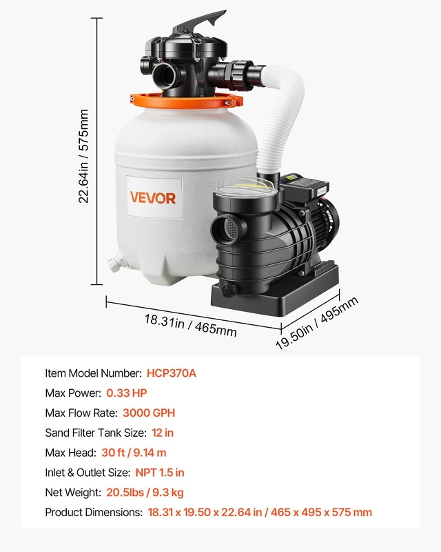Alt view image 7 of 8 - VEVOR 0.33 HP 3000 GPH Sand Filter Pump With 6-Way Valve, Pre-Assembled Core & Leak-Resistant Design, 12 Inch Swimming Pool Filter Pump, High-Efficiency Filtration for Above Ground Pool