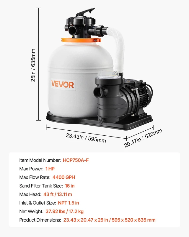Alt view image 7 of 8 - VEVOR FlashPure Sand Filter Pump, 16 in for Above Ground Pool, 1 HP 4400 GPH, Swimming Pool Filter System with Timer, 6X Faster Filtration with Media Installed, Leak-Resistant, Ready to Use Out of Box
