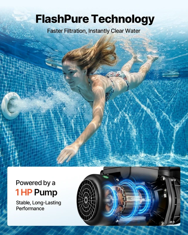 Alt view image 5 of 8 - VEVOR FlashPure Sand Filter Pump, 16 in for Above Ground Pool, 1 HP 4400 GPH, Swimming Pool Filter System with Timer, 6X Faster Filtration with Media Installed, Leak-Resistant, Ready to Use Out of Box