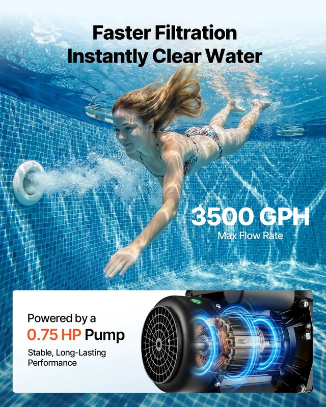 Alt view image 4 of 8 - VEVOR 13 in Sand Filter Pump for Above Ground Pool, 0.75 HP 3500 GPH, Swimming Pool Sand Filter Pump with Pre-Assembled Core & Leak-Resistant Design, 6-Way Valve, High-Efficiency Filtration for Pools