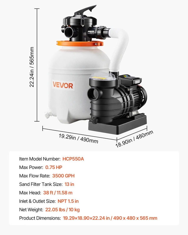 Alt view image 7 of 8 - VEVOR 13 in Sand Filter Pump for Above Ground Pool, 0.75 HP 3500 GPH, Swimming Pool Sand Filter Pump with Pre-Assembled Core & Leak-Resistant Design, 6-Way Valve, High-Efficiency Filtration for Pools