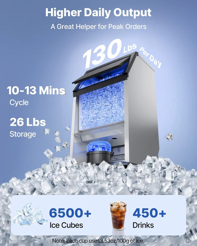 Alt view image 2 of 8 - VEVOR Commercial Ice Maker Machine, 100 lbs/24h with 26 lbs Storage Capacity, Built-in/Freestanding/Under Counter, Stainless Steel Ice Maker with LED Display & Self-Cleaning, for Home Bar Restaurant