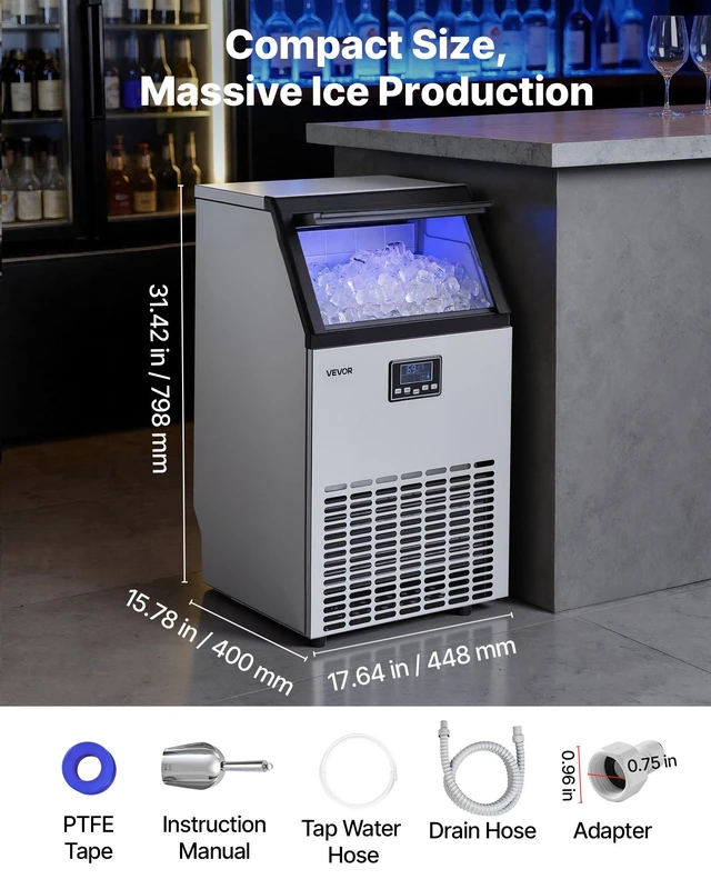 Alt view image 7 of 8 - VEVOR Commercial Ice Maker Machine, 100 lbs/24h with 26 lbs Storage Capacity, Built-in/Freestanding/Under Counter, Stainless Steel Ice Maker with LED Display & Self-Cleaning, for Home Bar Restaurant