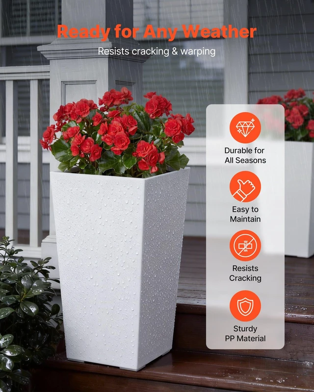 Alt view image 2 of 8 - VEVOR Tall Planters Set of 2, 22 Inch Large Outdoor Taper Planters for Outdoor Indoor Plants, Front Porch Plastic Modern Flower Pots with Casters, Inner Pot & Drainage Holes for Patio, Garden, White