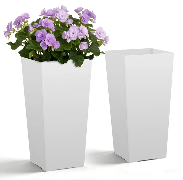 Main image of VEVOR Tall Planters Set of 2, 22 Inch Large Outdoor Taper Planters for Outdoor Indoor Plants, Front Porch Plastic Modern Flower Pots with Casters, Inner Pot & Drainage Holes for Patio, Garden, White