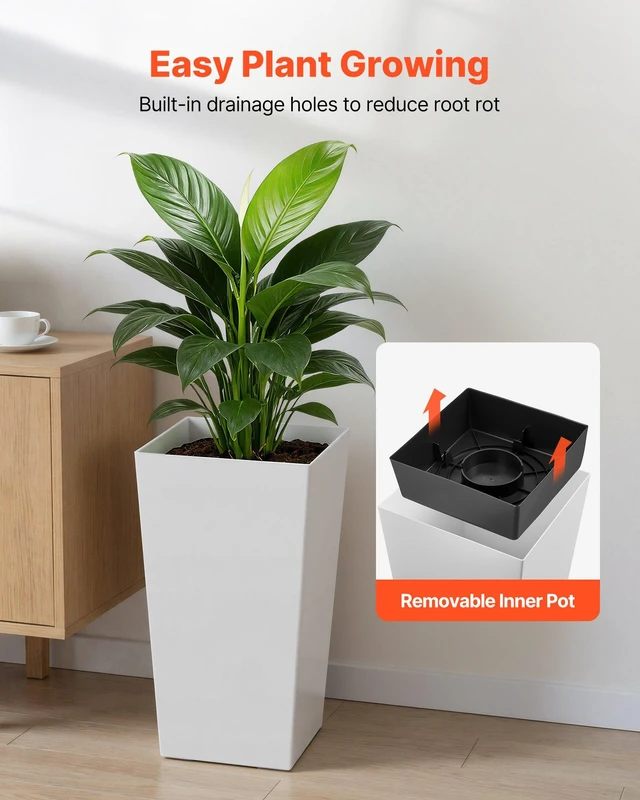 Alt view image 5 of 8 - VEVOR Tall Planters Set of 2, 22 Inch Large Outdoor Taper Planters for Outdoor Indoor Plants, Front Porch Plastic Modern Flower Pots with Casters, Inner Pot & Drainage Holes for Patio, Garden, White