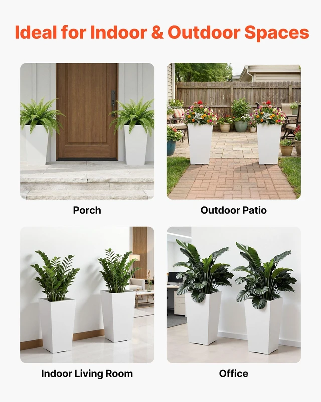 Alt view image 6 of 8 - VEVOR Tall Planters Set of 2, 22 Inch Large Outdoor Taper Planters for Outdoor Indoor Plants, Front Porch Plastic Modern Flower Pots with Casters, Inner Pot & Drainage Holes for Patio, Garden, White