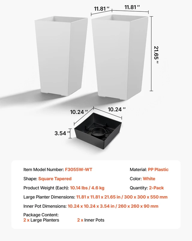 Alt view image 7 of 8 - VEVOR Tall Planters Set of 2, 22 Inch Large Outdoor Taper Planters for Outdoor Indoor Plants, Front Porch Plastic Modern Flower Pots with Casters, Inner Pot & Drainage Holes for Patio, Garden, White