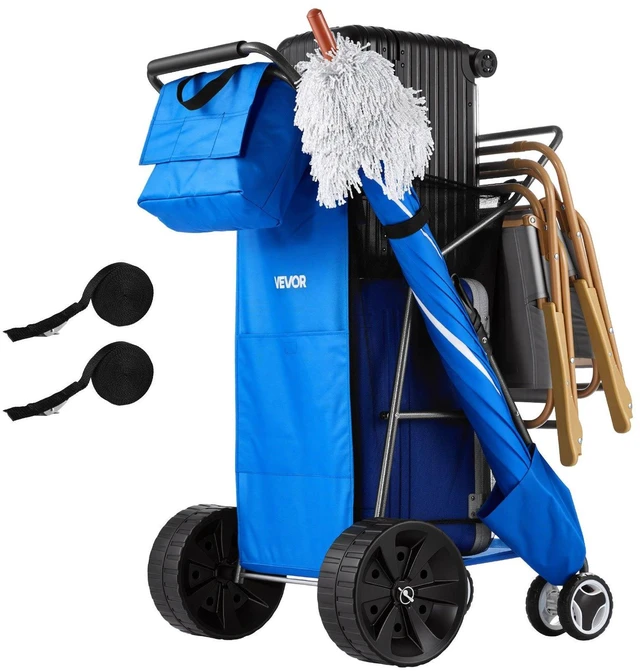 Main image of VEVOR Beach Cart with Large Wheels for Sand, 165 lbs Load Capacity, Heavy Duty Folding Beach Wagon with 10" Solid Wheels, Insulated Cooler Bag, Umbrella Holder, Holds 4 Chairs for Camping & Fishing