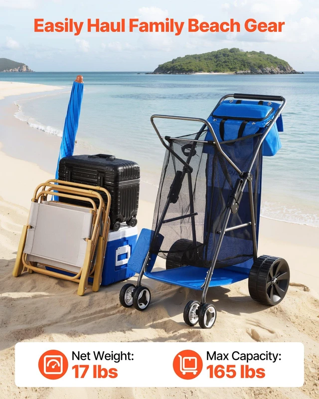 Alt view image 2 of 8 - VEVOR Beach Cart with Large Wheels for Sand, 165 lbs Load Capacity, Heavy Duty Folding Beach Wagon with 10" Solid Wheels, Insulated Cooler Bag, Umbrella Holder, Holds 4 Chairs for Camping & Fishing