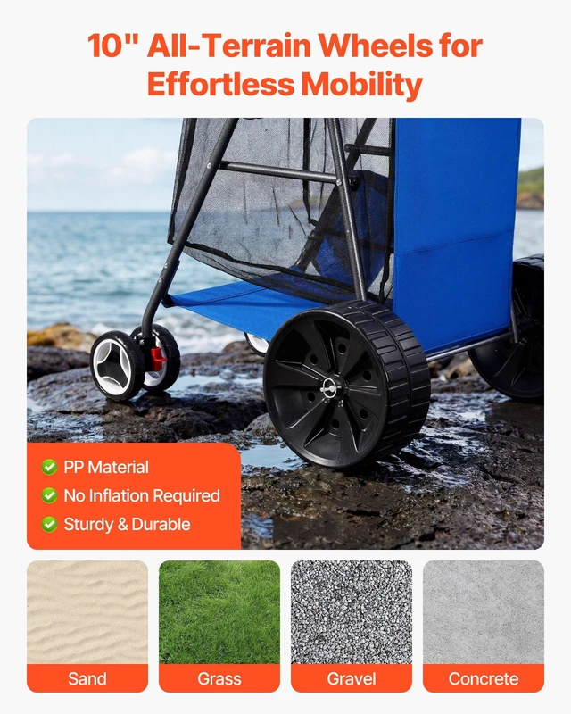 Alt view image 3 of 8 - VEVOR Beach Cart with Large Wheels for Sand, 165 lbs Load Capacity, Heavy Duty Folding Beach Wagon with 10" Solid Wheels, Insulated Cooler Bag, Umbrella Holder, Holds 4 Chairs for Camping & Fishing