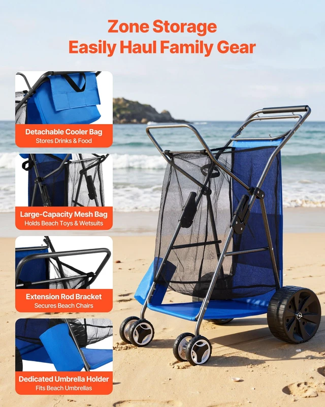 Alt view image 5 of 8 - VEVOR Beach Cart with Large Wheels for Sand, 165 lbs Load Capacity, Heavy Duty Folding Beach Wagon with 10" Solid Wheels, Insulated Cooler Bag, Umbrella Holder, Holds 4 Chairs for Camping & Fishing