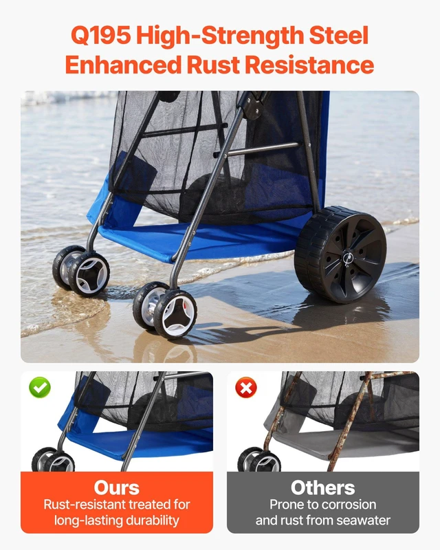 Alt view image 4 of 8 - VEVOR Beach Cart with Large Wheels for Sand, 165 lbs Load Capacity, Heavy Duty Folding Beach Wagon with 10" Solid Wheels, Insulated Cooler Bag, Umbrella Holder, Holds 4 Chairs for Camping & Fishing