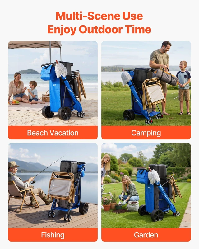 Alt view image 7 of 8 - VEVOR Beach Cart with Large Wheels for Sand, 165 lbs Load Capacity, Heavy Duty Folding Beach Wagon with 10" Solid Wheels, Insulated Cooler Bag, Umbrella Holder, Holds 4 Chairs for Camping & Fishing