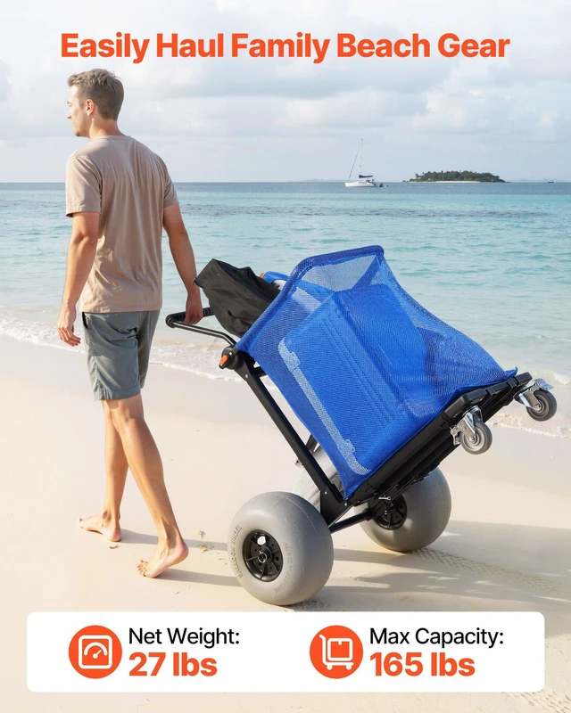 Alt view image 2 of 8 - VEVOR Beach Cart with Large Wheels for Sand, 165 lbs Load Capacity, Heavy Duty Folding Beach Wagon with 12" Balloon Wheels, Storage Bag, 180° Adjustable Handlebar, Dolly for Camping Fishing Garden