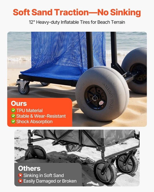 Alt view image 3 of 8 - VEVOR Beach Cart with Large Wheels for Sand, 165 lbs Load Capacity, Heavy Duty Folding Beach Wagon with 12" Balloon Wheels, Storage Bag, 180° Adjustable Handlebar, Dolly for Camping Fishing Garden