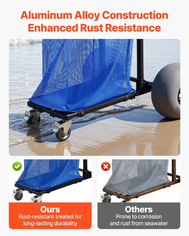 Alt view image 4 of 8 - VEVOR Beach Cart with Large Wheels for Sand, 165 lbs Load Capacity, Heavy Duty Folding Beach Wagon with 12" Balloon Wheels, Storage Bag, 180° Adjustable Handlebar, Dolly for Camping Fishing Garden