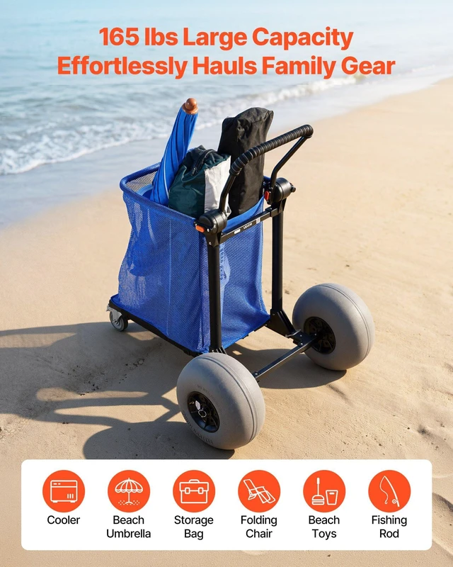 Alt view image 5 of 8 - VEVOR Beach Cart with Large Wheels for Sand, 165 lbs Load Capacity, Heavy Duty Folding Beach Wagon with 12" Balloon Wheels, Storage Bag, 180° Adjustable Handlebar, Dolly for Camping Fishing Garden