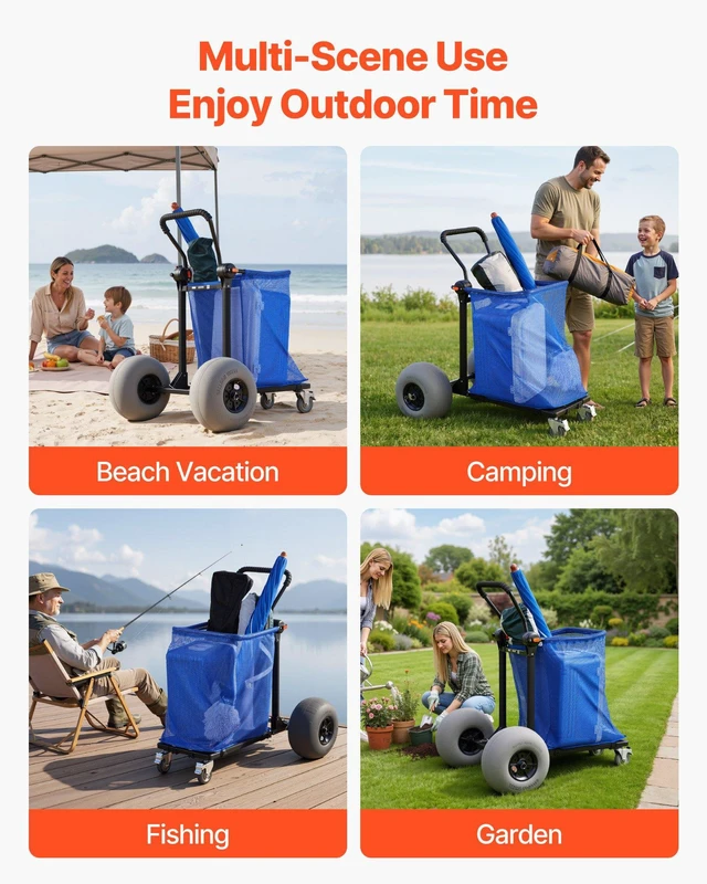 Alt view image 7 of 8 - VEVOR Beach Cart with Large Wheels for Sand, 165 lbs Load Capacity, Heavy Duty Folding Beach Wagon with 12" Balloon Wheels, Storage Bag, 180° Adjustable Handlebar, Dolly for Camping Fishing Garden