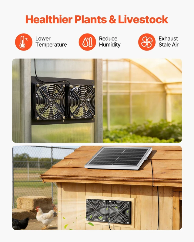 Alt view image 4 of 8 - VEVOR Solar Powered Fan, 15W Solar Panel with 2 Fans, Adjustable Solar Panel Angle, 2668 RPM High-Speed, Flexible Installation, Fast Air Exchange for Greenhouse, Grow Tents, Chicken Coops, Shelters