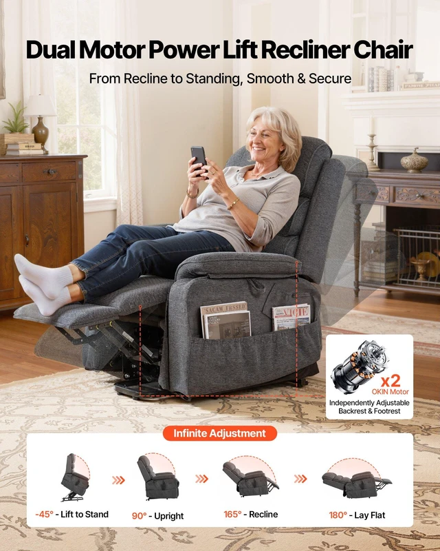 Alt view image 2 of 8 - VEVOR Power Lift Recliner Chair, Dual Motor Medium Lift Chair with Heat and Massage for Elderly, Position Adjustable, Remote Control, with Side Pockets, Chenille Fabric, Dark Gray