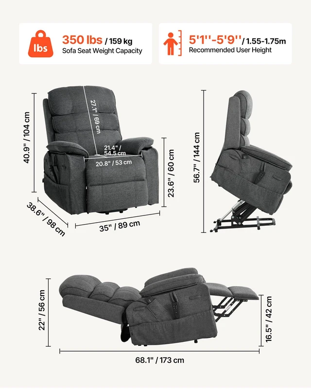 Alt view image 3 of 8 - VEVOR Power Lift Recliner Chair, Dual Motor Medium Lift Chair with Heat and Massage for Elderly, Position Adjustable, Remote Control, with Side Pockets, Chenille Fabric, Dark Gray