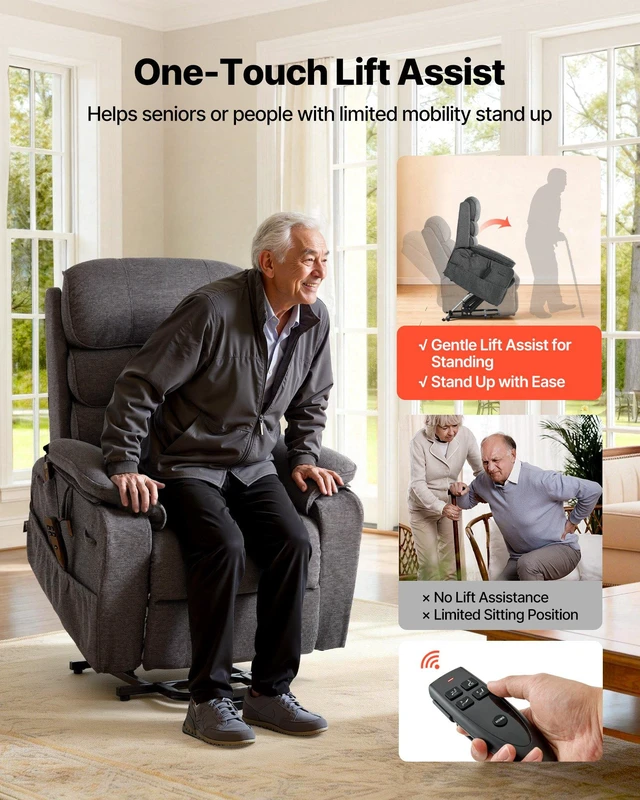 Alt view image 5 of 8 - VEVOR Power Lift Recliner Chair, Dual Motor Medium Lift Chair with Heat and Massage for Elderly, Position Adjustable, Remote Control, with Side Pockets, Chenille Fabric, Dark Gray