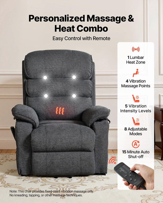 Alt view image 4 of 8 - VEVOR Power Lift Recliner Chair, Dual Motor Medium Lift Chair with Heat and Massage for Elderly, Position Adjustable, Remote Control, with Side Pockets, Chenille Fabric, Dark Gray